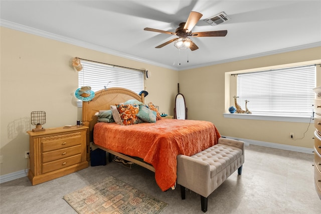 2602 Gerol Ct, Galveston, TX 77551 - bedroom featuring a ceiling fan, baseboards, crown molding, and visible vents