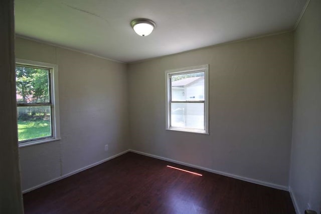 unfurnished room featuring crown molding, dark hardwood / wood-style flooring, and plenty of natural light