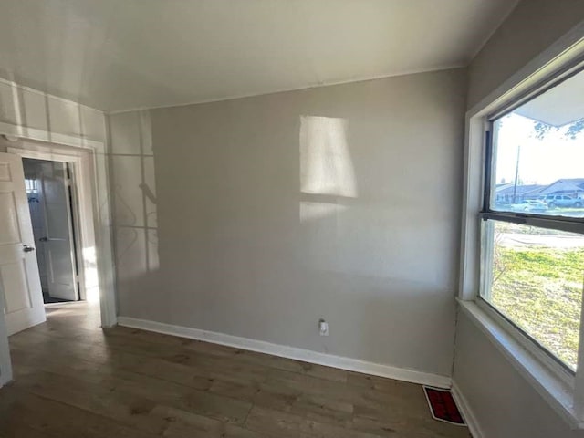 spare room featuring a wealth of natural light and dark hardwood / wood-style flooring