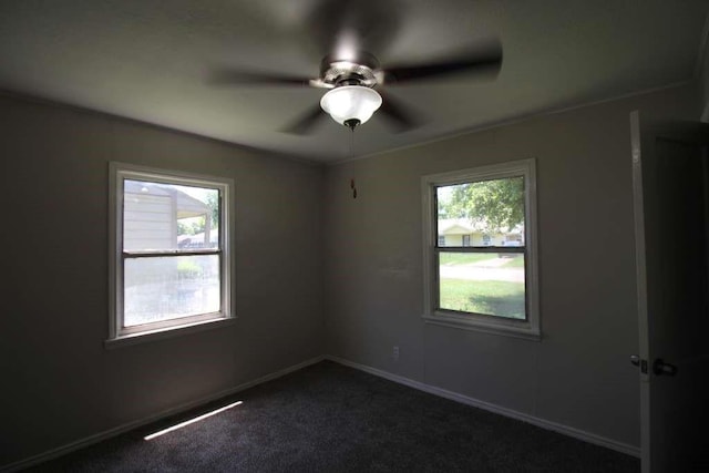 1507 Demaree Ln, Houston, TX 77029 - unfurnished room featuring plenty of natural light, a ceiling fan, dark colored carpet, and baseboards