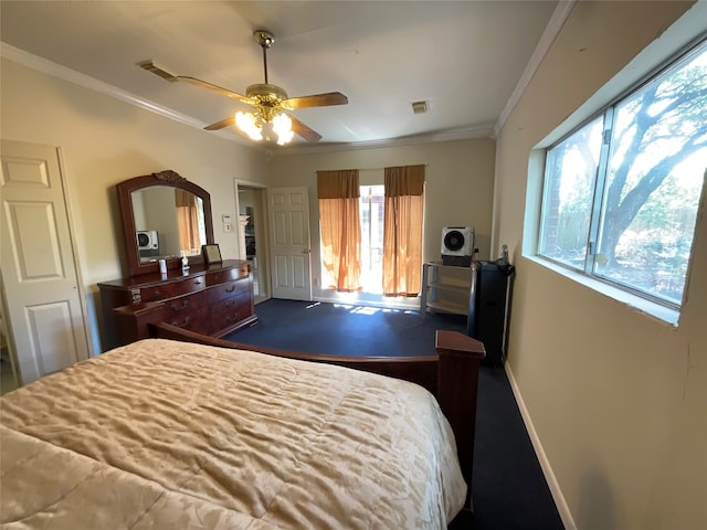 bedroom with crown molding and ceiling fan