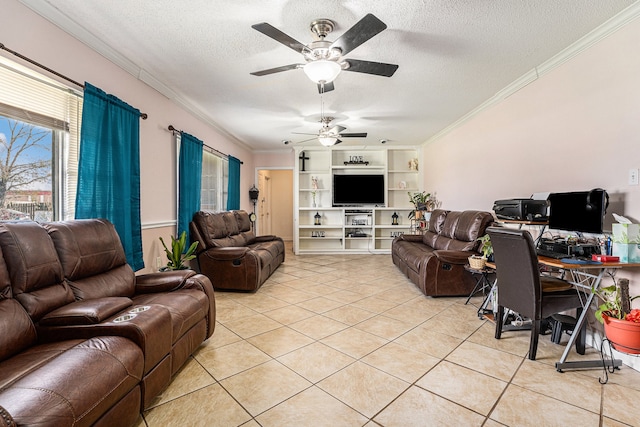 living room with crown molding, a textured ceiling, light tile patterned flooring, and ceiling fan