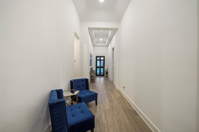 corridor featuring a tray ceiling and wood-type flooring