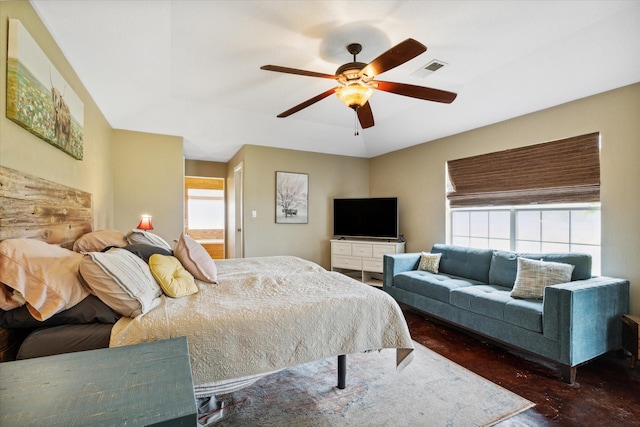 bedroom featuring dark wood-type flooring and ceiling fan