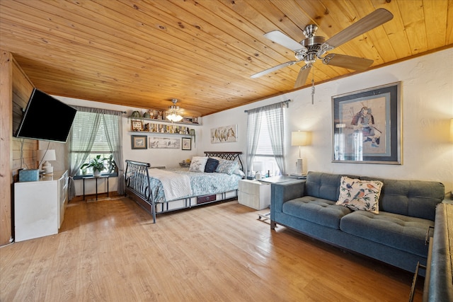 bedroom featuring multiple windows, light hardwood / wood-style flooring, ceiling fan, and wood ceiling