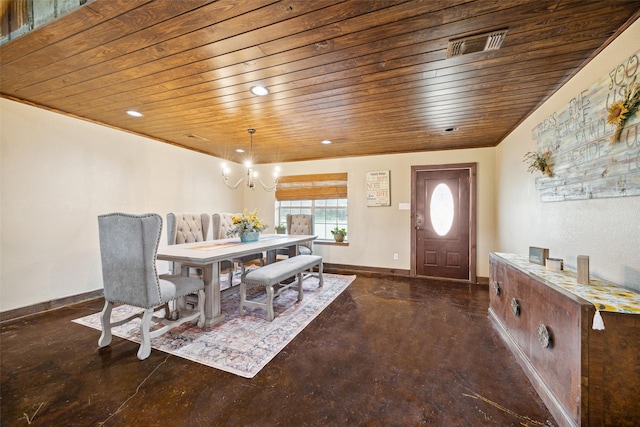 dining space featuring wood ceiling and a chandelier