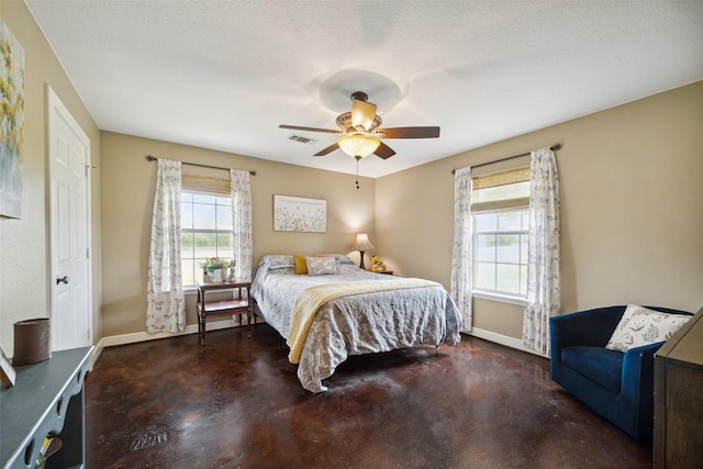 bedroom featuring ceiling fan and a textured ceiling