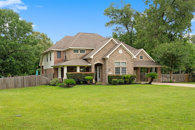 view of front facade with driveway, a front yard, and fence