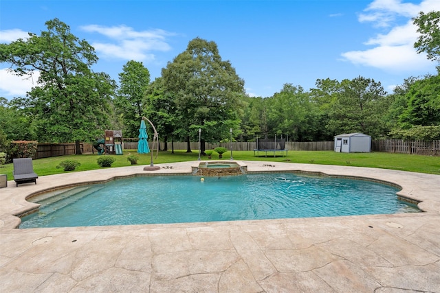 view of pool with a lawn, a fenced backyard, a playground, a storage shed, and an outdoor structure