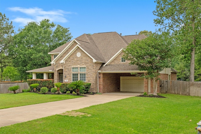 view of front of house with a front lawn, driveway, and fence