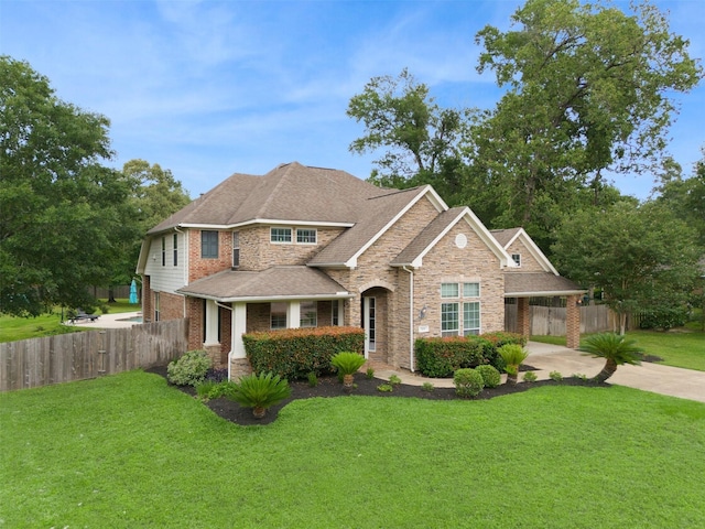 view of front of house with an attached carport, concrete driveway, a front yard, and fence