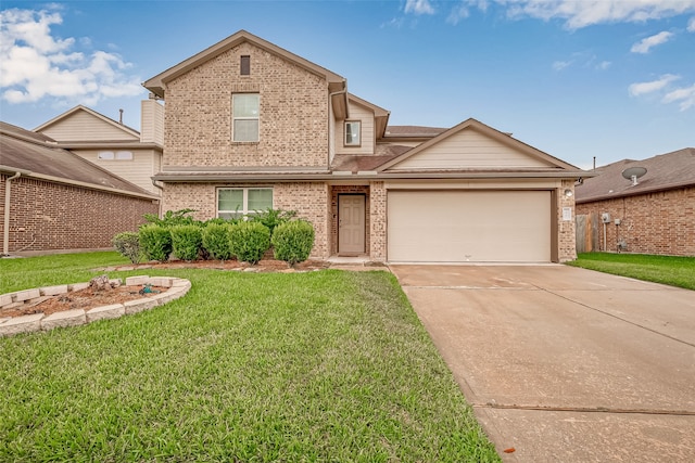 traditional-style home with brick siding, a shingled roof, concrete driveway, an attached garage, and a front yard