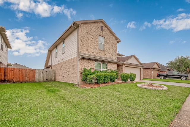 view of front of house featuring concrete driveway, an attached garage, fence, a front lawn, and brick siding