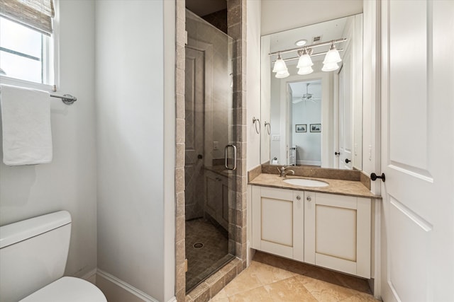 bathroom with tile patterned flooring, toilet, a shower with shower door, ceiling fan, and vanity