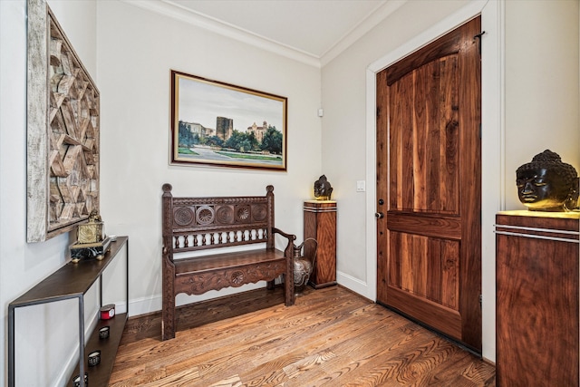 foyer with crown molding and light hardwood / wood-style flooring