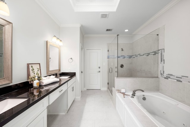 bathroom featuring tile patterned floors, vanity, crown molding, and independent shower and bath