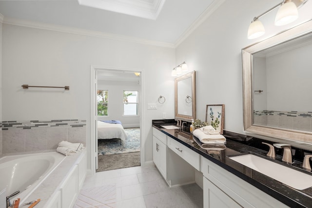 bathroom featuring a tray ceiling, tile patterned floors, a bath, ornamental molding, and vanity