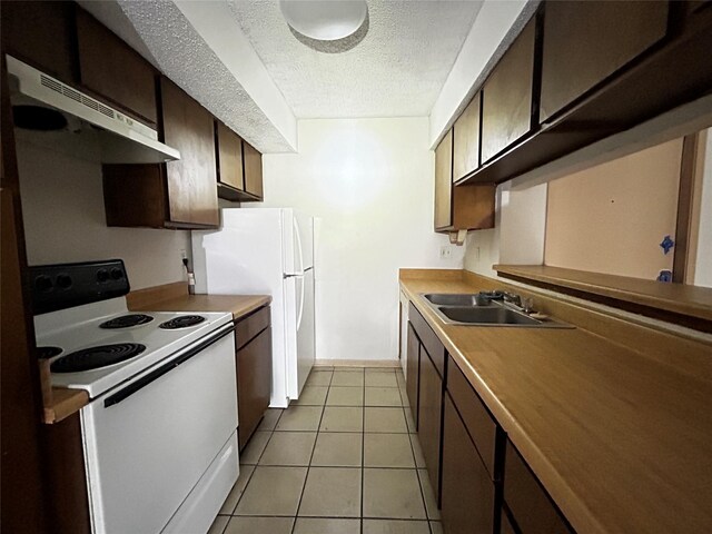 kitchen with a textured ceiling, sink, white range with electric stovetop, dark brown cabinetry, and light tile patterned flooring