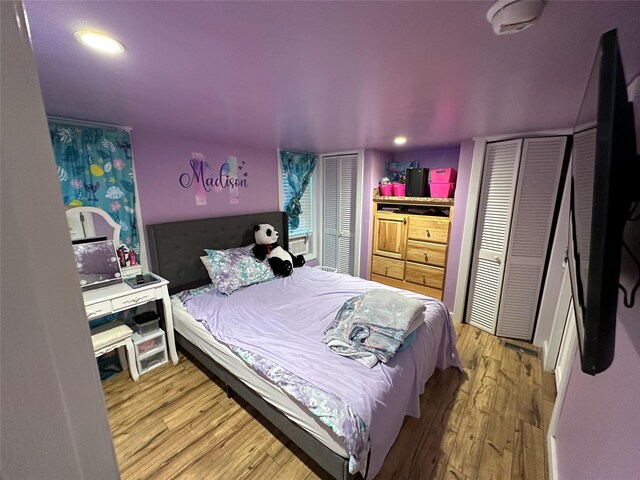 bedroom with wood-type flooring and a closet