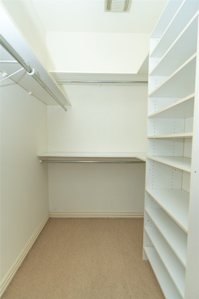 spacious closet featuring light colored carpet