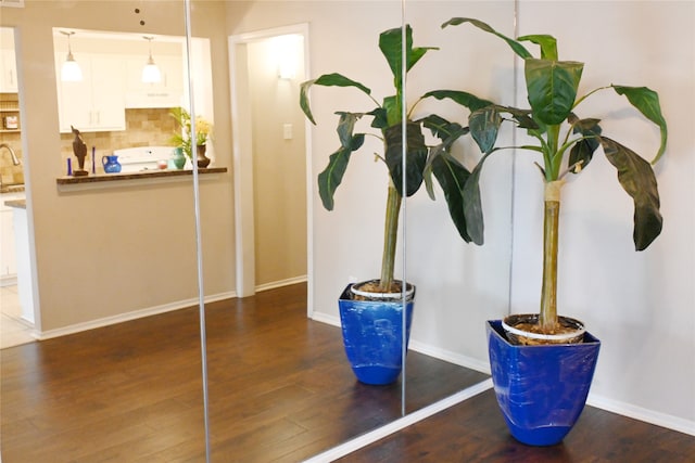 room details featuring hardwood / wood-style flooring and backsplash