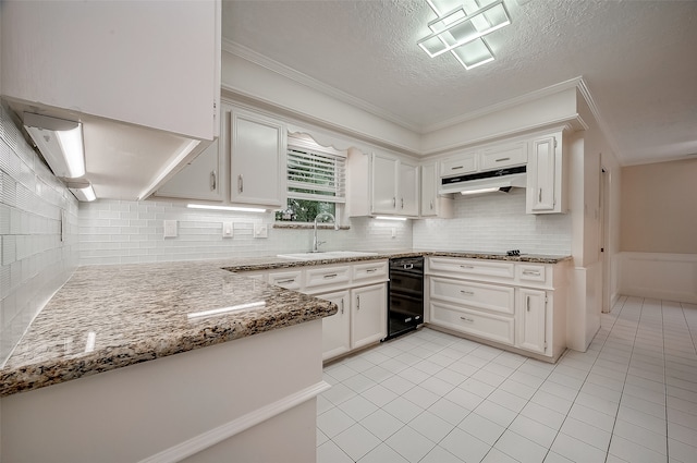 kitchen featuring crown molding, sink, light stone countertops, and white cabinets