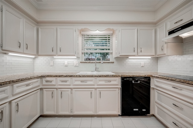 kitchen featuring crown molding, black appliances, white cabinetry, and sink