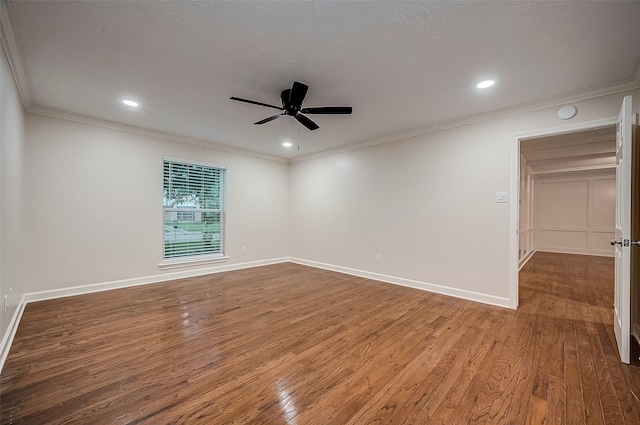 unfurnished room with crown molding, ceiling fan, and hardwood / wood-style floors