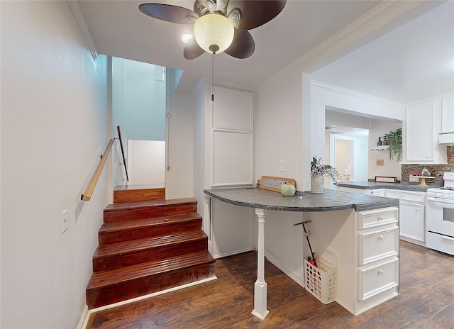 interior space featuring ceiling fan, white cabinets, white stove, dark hardwood / wood-style flooring, and decorative backsplash