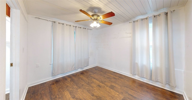 unfurnished room featuring ceiling fan, dark hardwood / wood-style floors, ornamental molding, and wooden ceiling