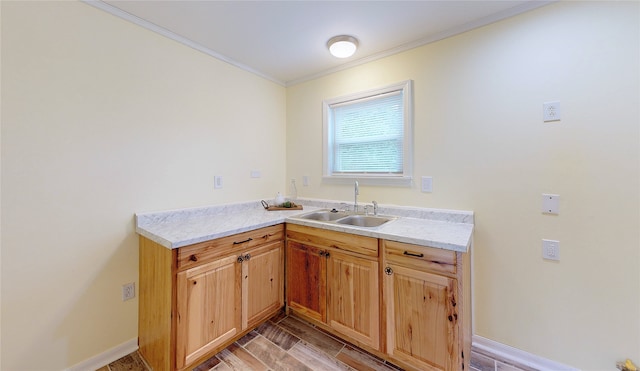 kitchen featuring light stone counters, ornamental molding, light hardwood / wood-style floors, and sink