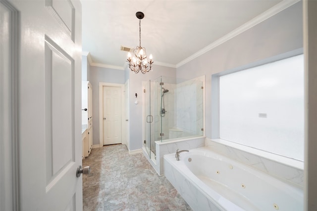 bathroom featuring independent shower and bath, ornamental molding, vanity, and a notable chandelier