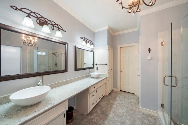 bathroom with ornamental molding, a chandelier, walk in shower, and vanity