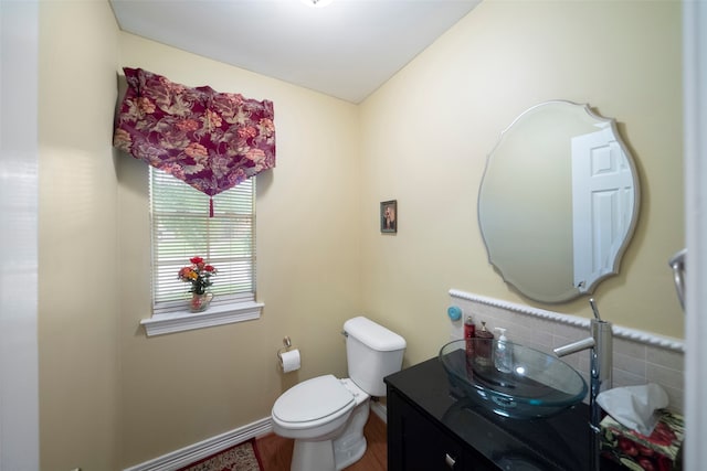 bathroom with wood-type flooring, vanity, and toilet