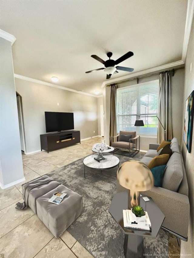 living room featuring ornamental molding and ceiling fan