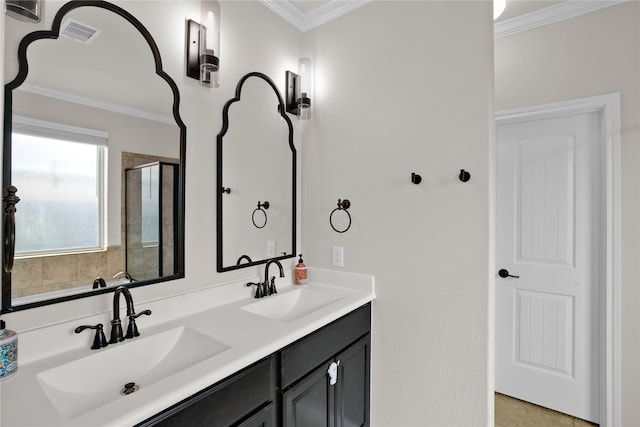 bathroom with vanity, tile patterned flooring, ornamental molding, and an enclosed shower