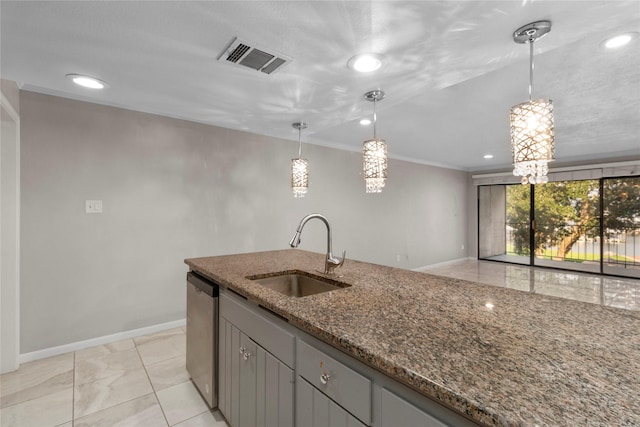 kitchen featuring dishwasher, dark stone counters, sink, hanging light fixtures, and ornamental molding