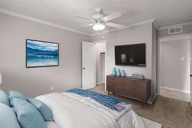 bedroom with light carpet, ceiling fan, and crown molding