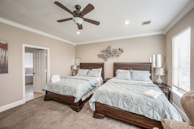 bedroom featuring crown molding, ceiling fan, light colored carpet, and ensuite bathroom