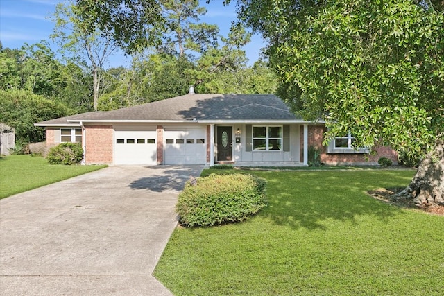 ranch-style house with a garage and a front yard