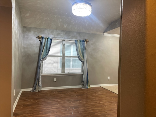 unfurnished room with lofted ceiling and dark hardwood / wood-style floors