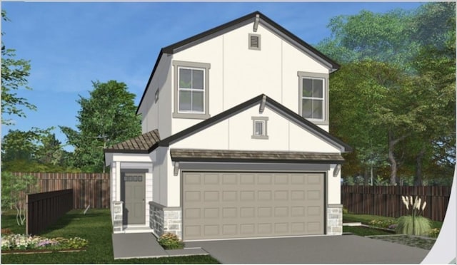 view of front of home with an attached garage, fence, aphalt driveway, and stucco siding