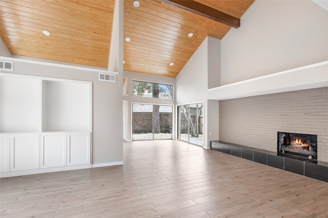 unfurnished living room featuring light wood-type flooring, high vaulted ceiling, wooden ceiling, and a brick fireplace