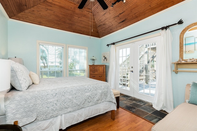 bedroom featuring dark hardwood / wood-style floors, wooden ceiling, french doors, access to exterior, and ceiling fan