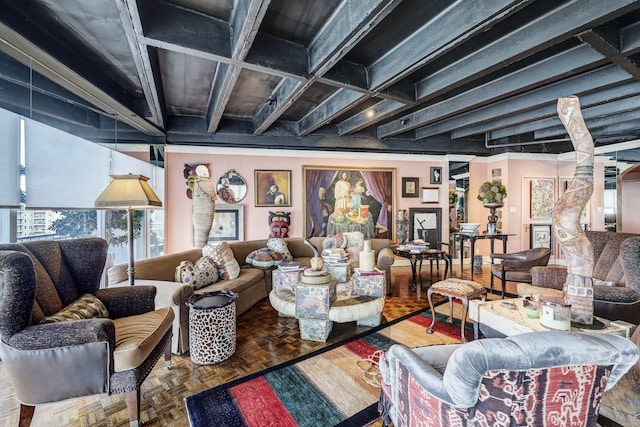 living room featuring crown molding, parquet floors, beam ceiling, and coffered ceiling