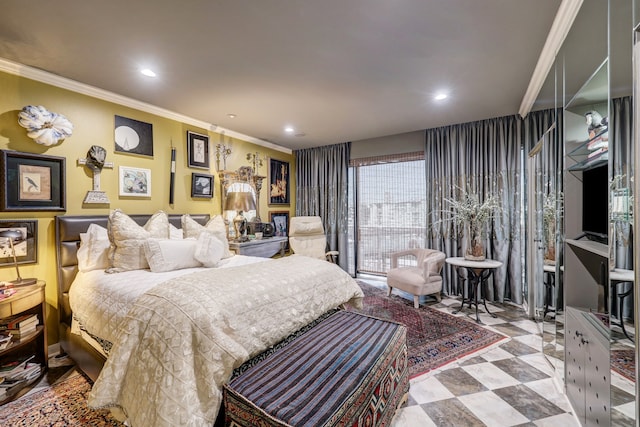 bedroom featuring crown molding and access to exterior