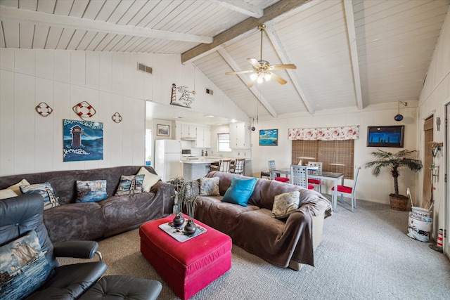 carpeted living room with wooden ceiling, ceiling fan, and vaulted ceiling with beams