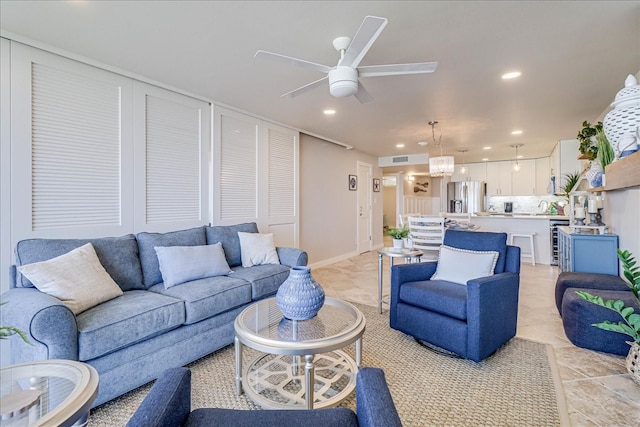 living room featuring ceiling fan