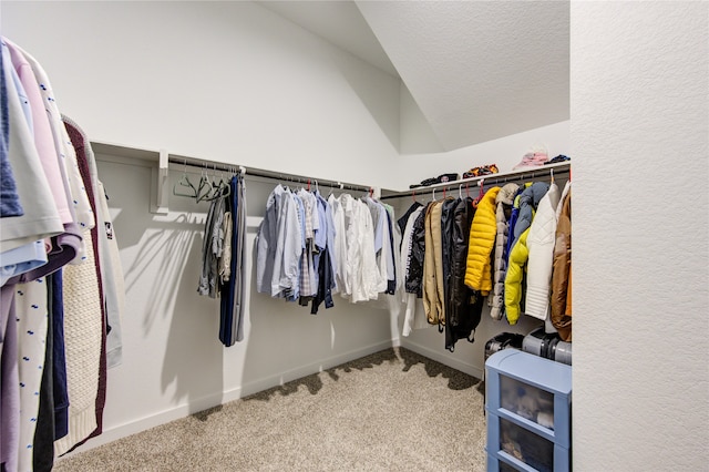 spacious closet with vaulted ceiling and carpet floors