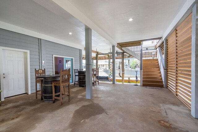 garage with wood walls